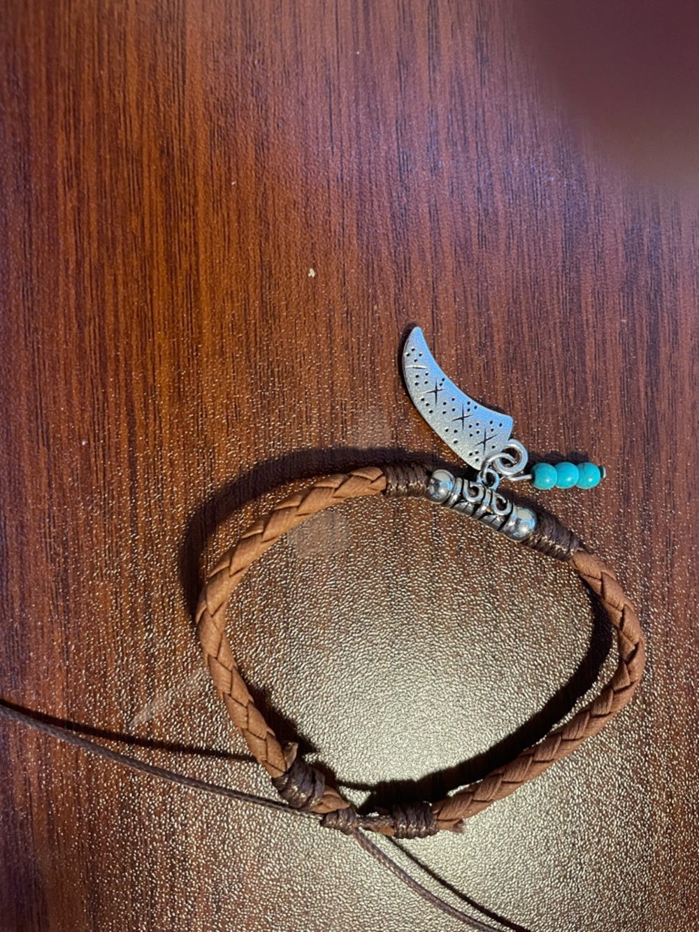NWOT Braided Brown Leather Bracelet with Silver Moon Charm and Turquoise Beads